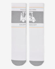 White Travis Mathew No Goalie Crew Sock