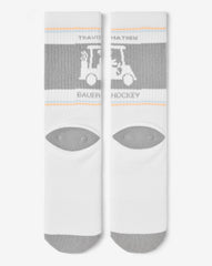 White Travis Mathew No Goalie Crew Sock