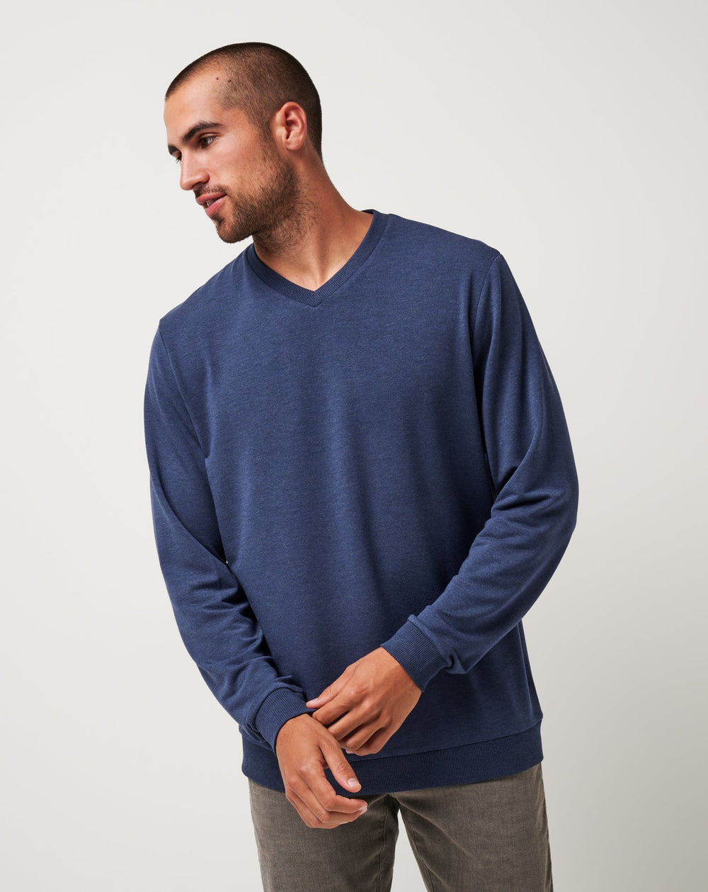 Heather Blue Nights Travis Mathew Amenities V-Neck Crew