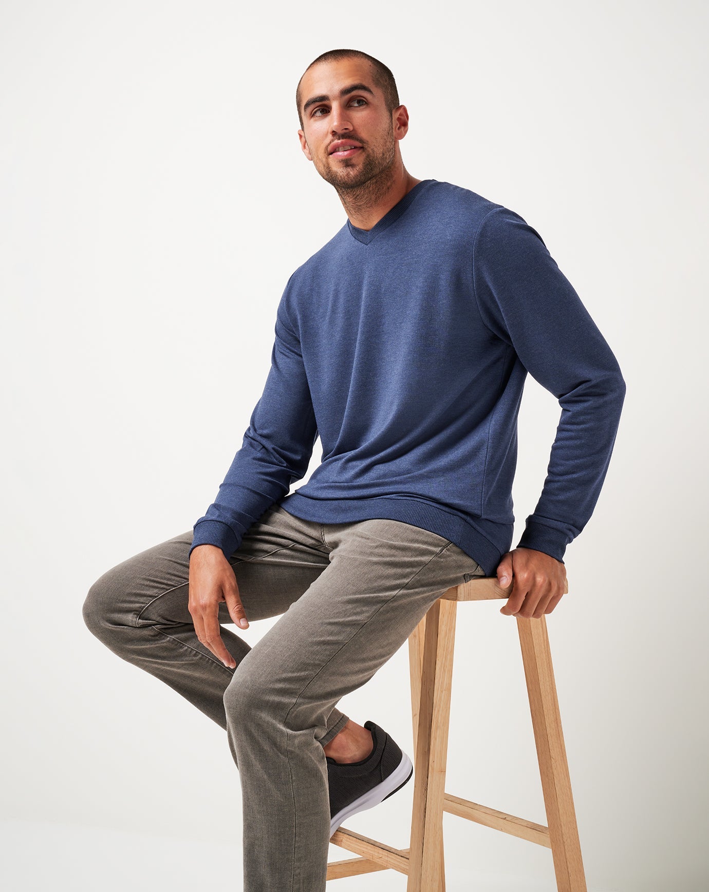 Heather Blue Nights Travis Mathew Amenities V-Neck Crew