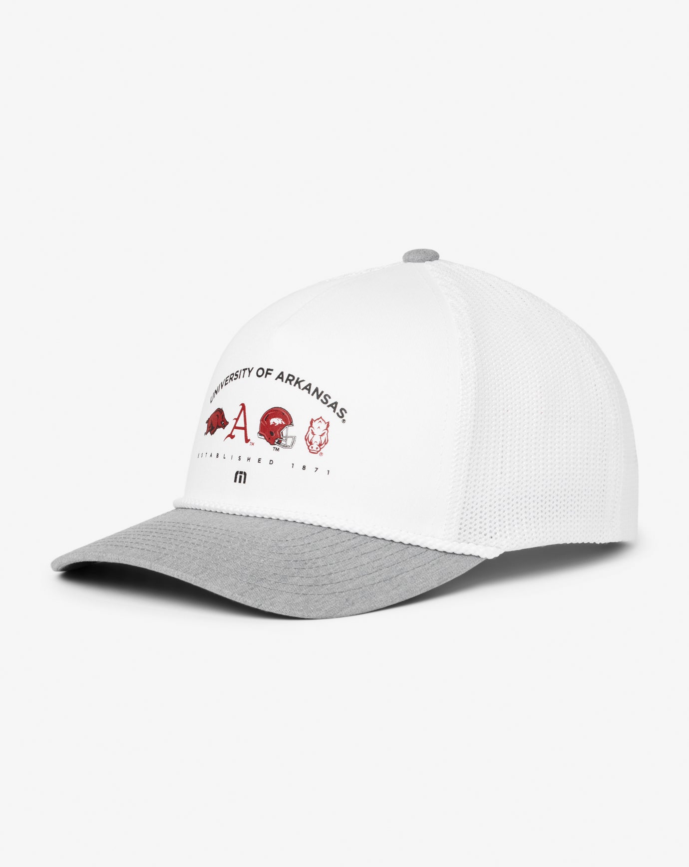 White Travis Mathew Arkansas Defensive Line Snapback Hat
