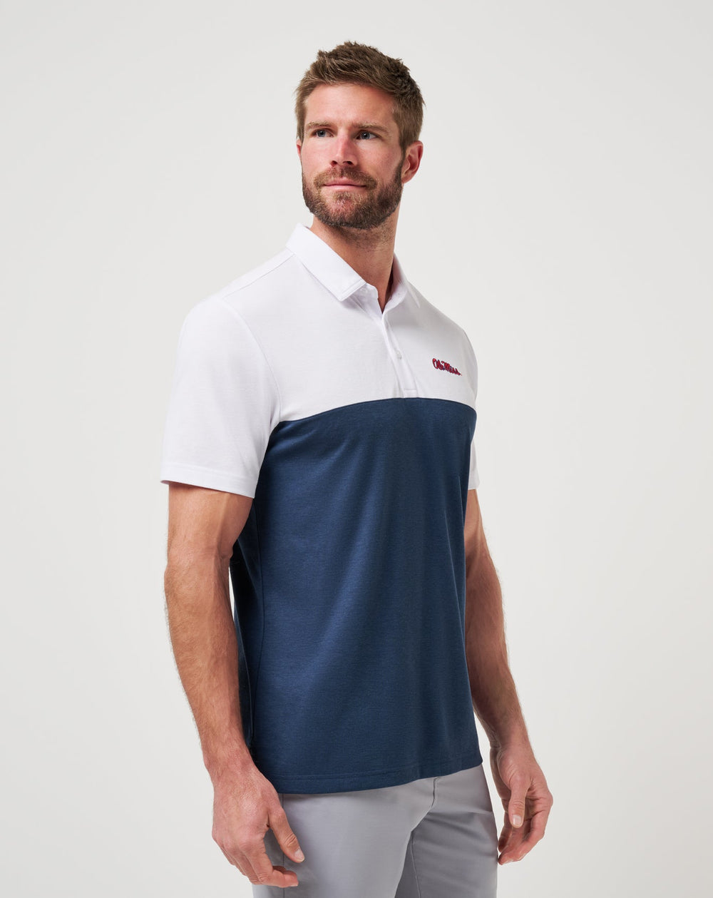 White/Navy Travis Mathew Mississippi Drop Back Polo