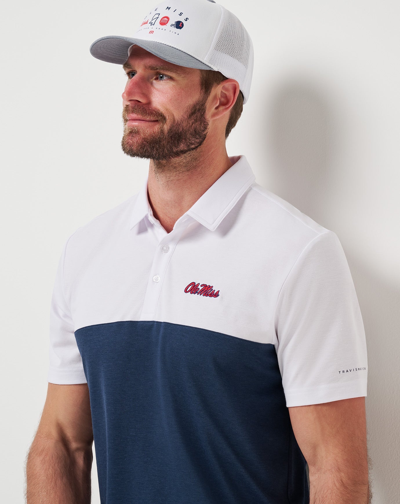 White/Navy Travis Mathew Mississippi Drop Back Polo