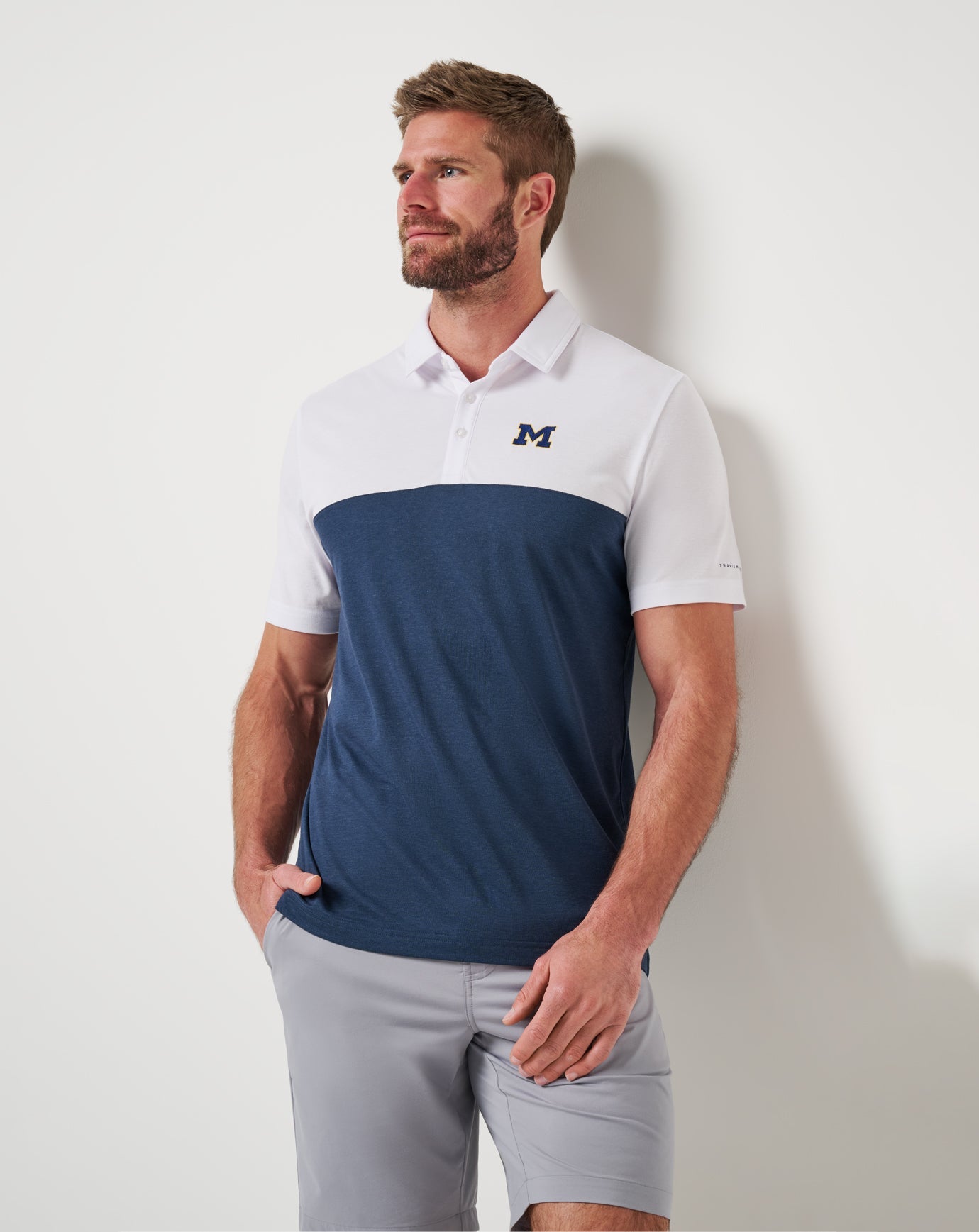 White/Navy Travis Mathew Michigan Drop Back Polo
