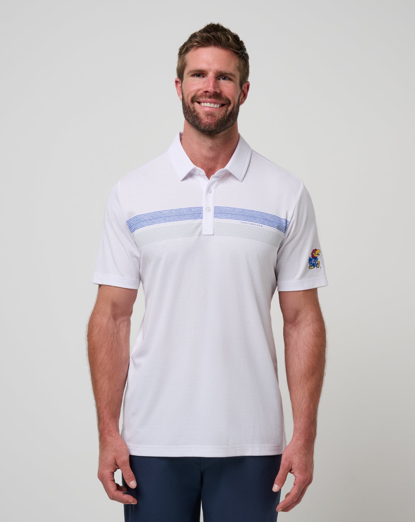 White/Blue Travis Mathew Kansas Top Recruit Polo